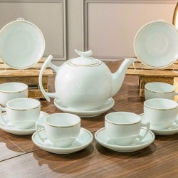 Bộ ấm trà sứ trắng vẽ chỉ vàng Bát Tràng dáng trăng khuyết AC74A
