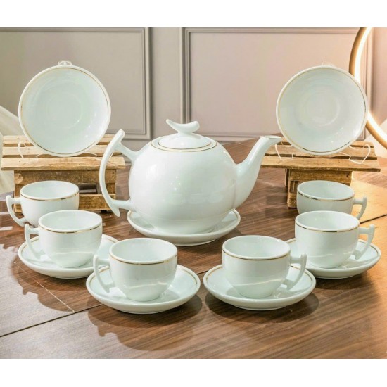 Bộ ấm trà sứ trắng vẽ chỉ vàng Bát Tràng dáng trăng khuyết AC74A