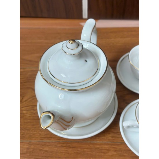 Bộ ấm trà sứ trắng Bát Tràng dáng phú quý kẻ chỉ vàng AC76A