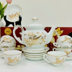 Bộ ấm trà đẹp vẽ vàng trắng Vinh Hoa Phú Quý AC80A