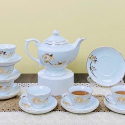 Bộ ấm trà sứ trắng Bát Tràng vẽ vàng sen AC80C Bộ ấm trà sứ trắng Bát Tràng vẽ vàng sen AC80C