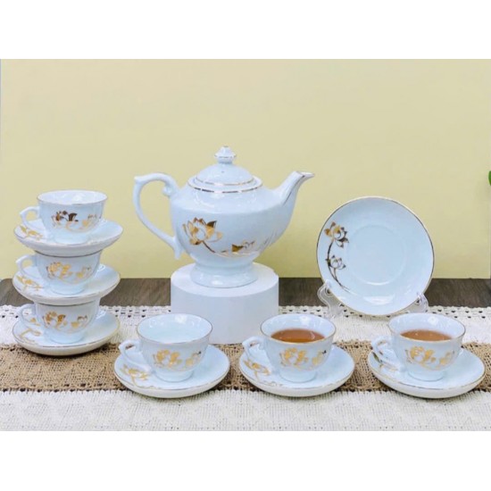 Bộ ấm trà sứ trắng Bát Tràng vẽ vàng sen AC80C