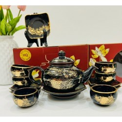 Bộ ấm trà vẽ vàng men đen hỏa biến chim công AC84 Bộ ấm trà vẽ vàng men đen hỏa biến chim công AC84