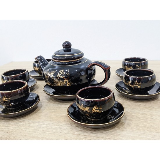 Bộ ấm trà vẽ vàng men đen hỏa biến Vinh Hoa Phú Quý AC84A Bộ ấm trà vẽ vàng men đen hỏa biến Vinh Hoa Phú Quý AC84A
