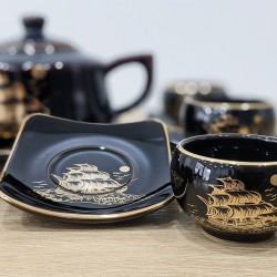 Bộ ấm trà vẽ vàng men đen hỏa biến Thuận Buồm Xuôi Gió AC84B