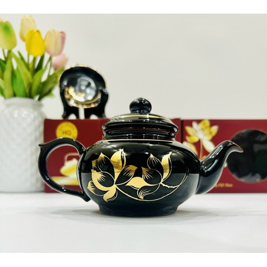 Bộ ấm trà vẽ vàng men đen hỏa biến Hoa Sen AC84C