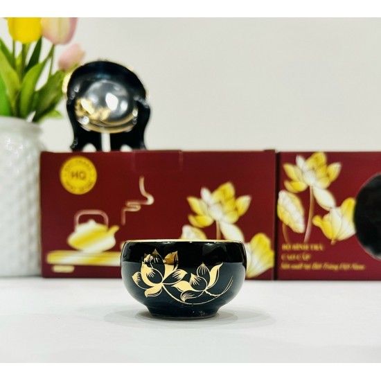 Bộ ấm trà vẽ vàng men đen hỏa biến Hoa Sen AC84C