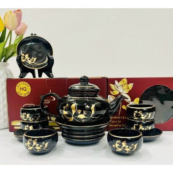 Bộ ấm trà vẽ vàng men đen hỏa biến Hoa Sen AC84C