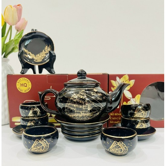 Bộ ấm trà vẽ vàng men đen hỏa biến Thuận Buồm Xuôi Gió AC84D