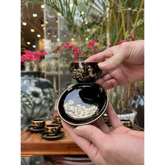 Bộ ấm trà vẽ vàng men đen hỏa biến Hoa Sen AC84E