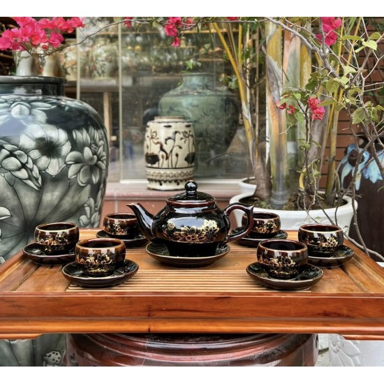 Bộ ấm trà vẽ vàng men đen hỏa biến Hoa Sen AC84E