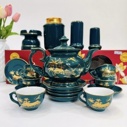 Bộ ấm trà đẹp vẽ vàng xanh cổ vịt cảnh đồng quê AC85