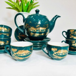 Bộ ấm trà đẹp vẽ vàng xanh cổ vịt cảnh làng quê AC85B Bộ ấm trà đẹp vẽ vàng xanh cổ vịt cảnh làng quê AC85B