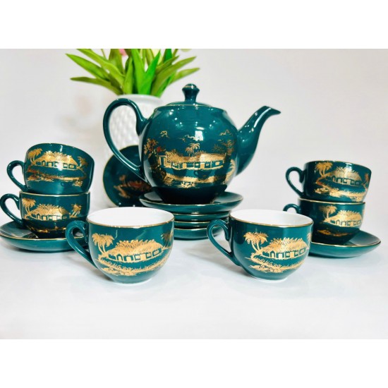 Bộ ấm trà đẹp vẽ vàng xanh cổ vịt cảnh làng quê AC85B