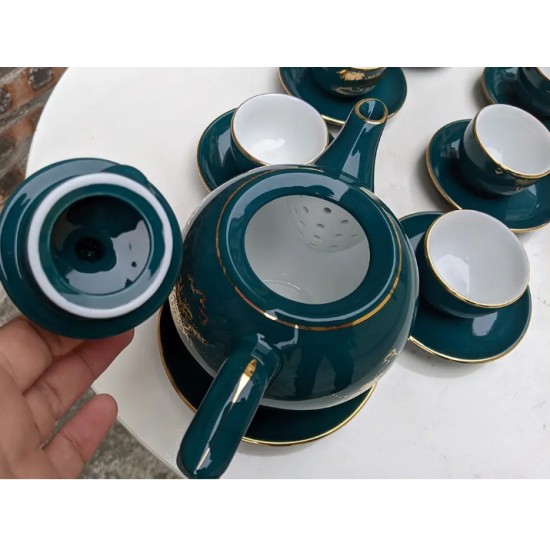 Bộ ấm trà đẹp vẽ vàng xanh cổ vịt cảnh làng quê AC85C