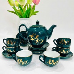 Bộ ấm trà đẹp vẽ vàng xanh cổ vịt cảnh Sen Phú Quý AC85D Bộ ấm trà đẹp vẽ vàng xanh cổ vịt cảnh Sen Phú Quý AC85D