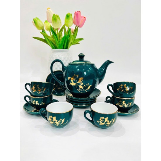 Bộ ấm trà đẹp vẽ vàng xanh cổ vịt cảnh Sen Phú Quý AC85D