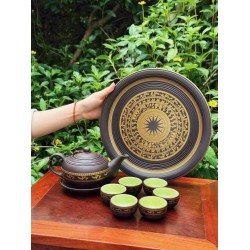 Bộ ấm trà tử sa Bát Tràng Trống Đồng Chim Hạc chén lòng xanh AC87E