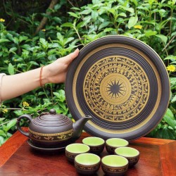 Bộ ấm trà tử sa Bát Tràng Trống Đồng Chim Hạc chén lòng xanh AC87E