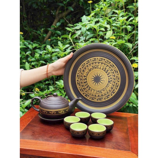 Bộ ấm trà tử sa Bát Tràng Trống Đồng Chim Hạc chén lòng xanh AC87E
