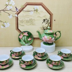 Ấm chén Bát Tràng men vân đá xanh vẽ vàng hoa sen nổi AC90 Ấm chén Bát Tràng men vân đá xanh vẽ vàng hoa sen nổi AC90
