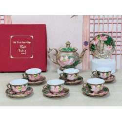 Ấm chén Bát Tràng men vân đá nâu vẽ vàng hoa sen nổi AC90A