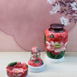 Ấm chén Bát Tràng men vân đá đỏ vẽ vàng hoa sen nổi AC90B Ấm chén Bát Tràng men vân đá đỏ vẽ vàng hoa sen nổi AC90B
