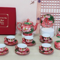 Ấm chén Bát Tràng men vân đá đỏ vẽ vàng hoa sen nổi AC90B Ấm chén Bát Tràng men vân đá đỏ vẽ vàng hoa sen nổi AC90B