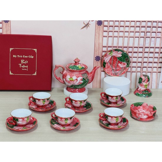 Ấm chén Bát Tràng men vân đá đỏ vẽ vàng hoa sen nổi AC90B