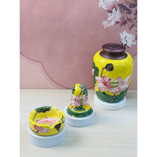 Ấm chén Bát Tràng men vân đá vàng vẽ vàng hoa sen nổi AC90C