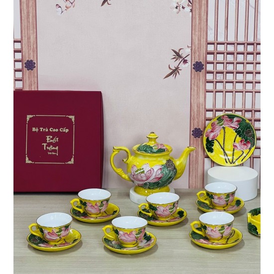 Ấm chén Bát Tràng men vân đá vàng vẽ vàng hoa sen nổi AC90C