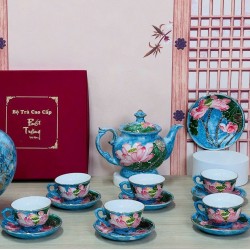 Ấm chén Bát Tràng men vân đá xanh dương vẽ vàng hoa sen nổi AC90D