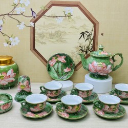 Ấm chén Bát Tràng men vân đá xanh vẽ vàng hoa sen nổi AC90PK