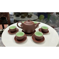 Ấm chén tử sa Bát Tràng vuông cao nâu kẻ chỉ AC91