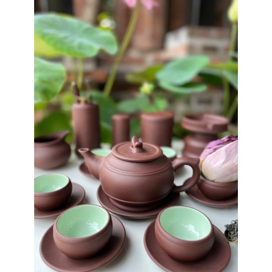 Ấm chén tử sa Bát Tràng trống đai nâu lòng xanh AC91B