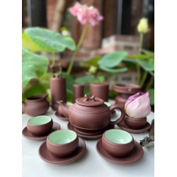 Ấm chén tử sa Bát Tràng trống đai nâu lòng xanh AC91B
