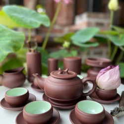 Ấm chén tử sa Bát Tràng trống đai nâu lòng xanh AC91B