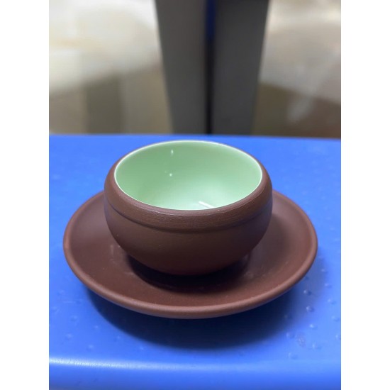 Ấm chén tử sa Bát Tràng trống đai nâu lòng xanh AC91B