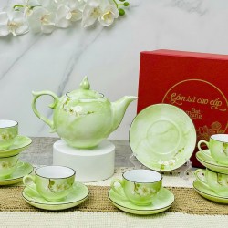 Ấm chén Bát Tràng vẽ mai trắng men vân đá xanh lá nhạt AC92
