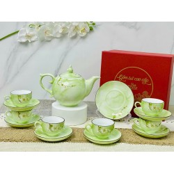 Ấm chén Bát Tràng vẽ mai trắng men vân đá xanh lá nhạt AC92