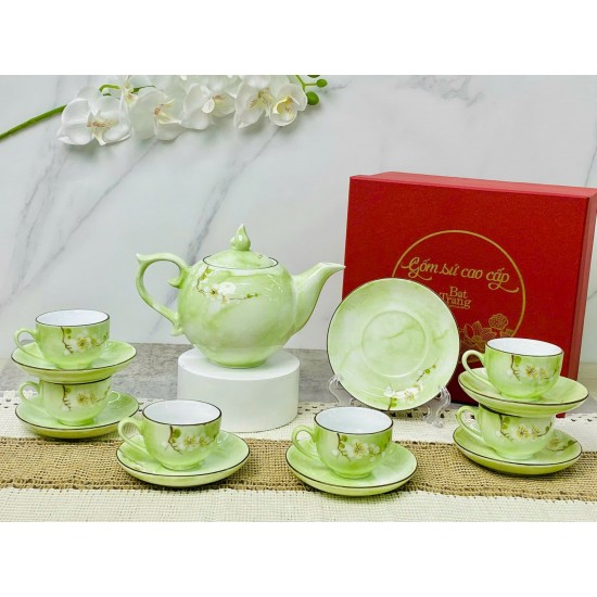 Ấm chén Bát Tràng vẽ mai trắng men vân đá xanh lá nhạt AC92