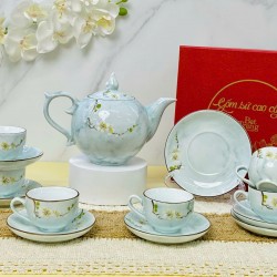 Ấm chén Bát Tràng vẽ mai trắng men vân đá xanh dương nhạt AC92A