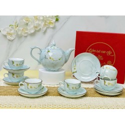 Ấm chén Bát Tràng vẽ mai trắng men vân đá xanh dương nhạt AC92A