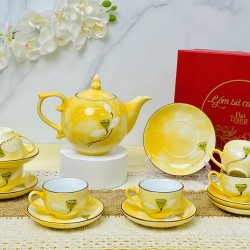 Ấm chén Bát Tràng vẽ đài sen men vân đá vàng nhạt AC92C