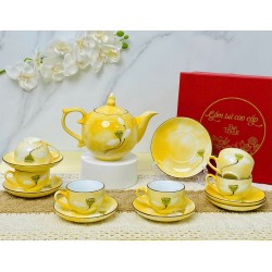 Ấm chén Bát Tràng vẽ đài sen men vân đá vàng nhạt AC92C