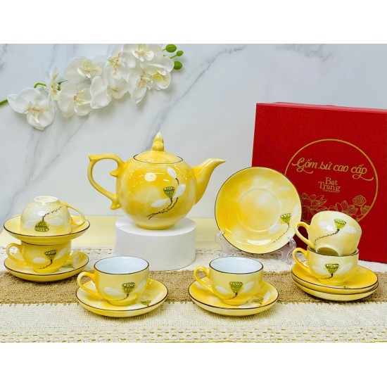Ấm chén Bát Tràng vẽ đài sen men vân đá vàng nhạt AC92C Ấm chén Bát Tràng vẽ đài sen men vân đá vàng nhạt AC92C