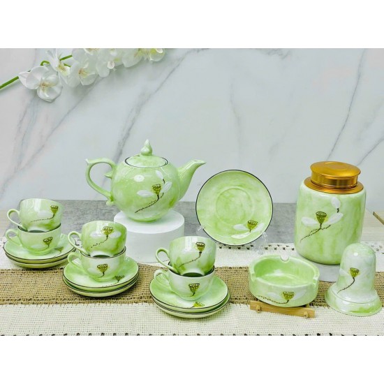 Ấm chén Bát Tràng vẽ đài sen men vân đá xanh lá nhạt AC92D Ấm chén Bát Tràng vẽ đài sen men vân đá xanh lá nhạt AC92D