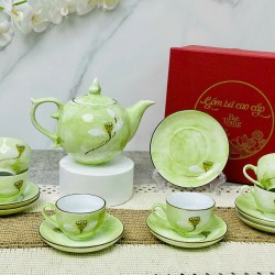 Ấm chén Bát Tràng vẽ đài sen men vân đá xanh lá nhạt AC92D