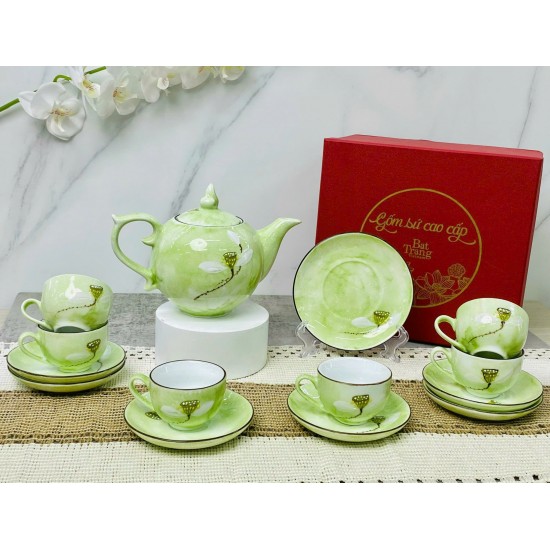Ấm chén Bát Tràng vẽ đài sen men vân đá xanh lá nhạt AC92D Ấm chén Bát Tràng vẽ đài sen men vân đá xanh lá nhạt AC92D
