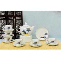 Bộ ấm trà Bát Tràng vẽ sen xanh chỉ vàng - quà tặng tân gia AC93